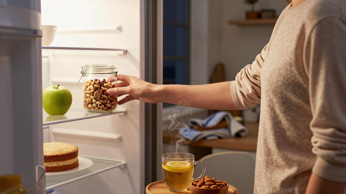 Pessoa pegando vidro com amendoim na geladeira aberta, com maçã, bolo e chá ao lado.