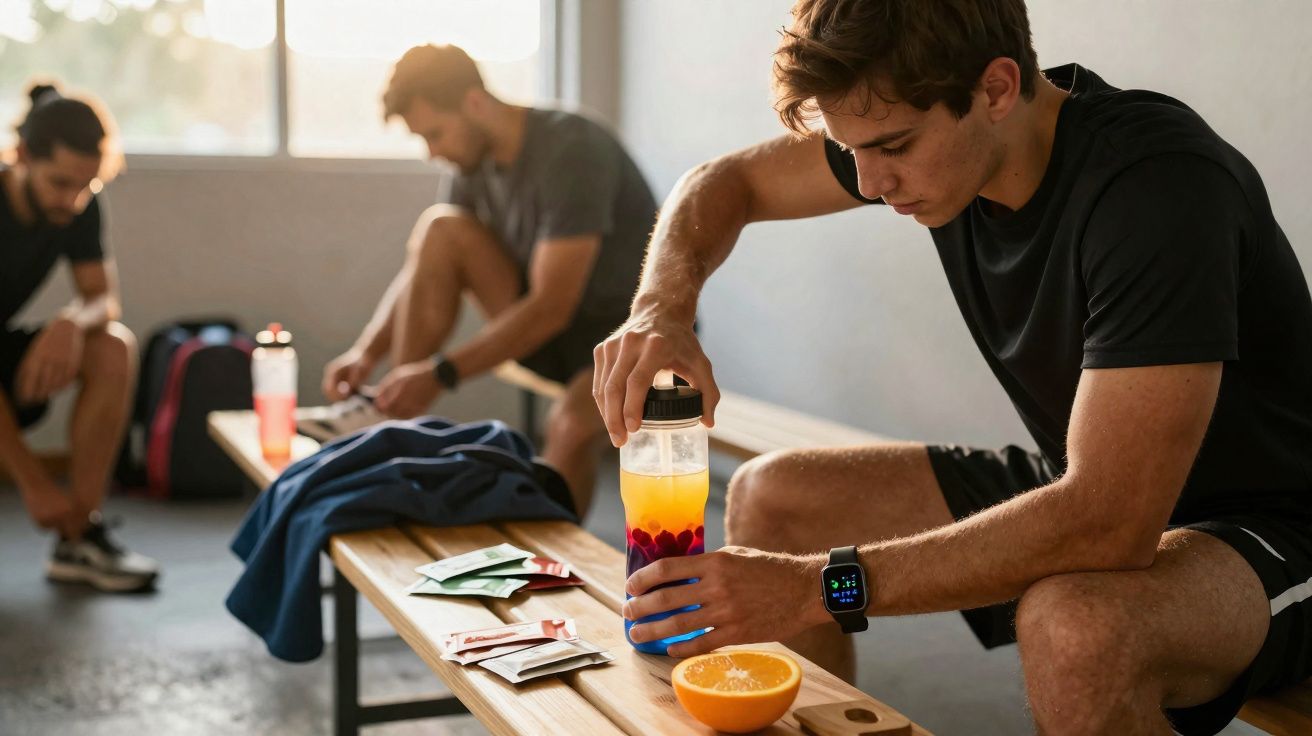 Homem sentado em vestiário preparando bebida energética com suplemento, outros homens ao fundo se arrumando.