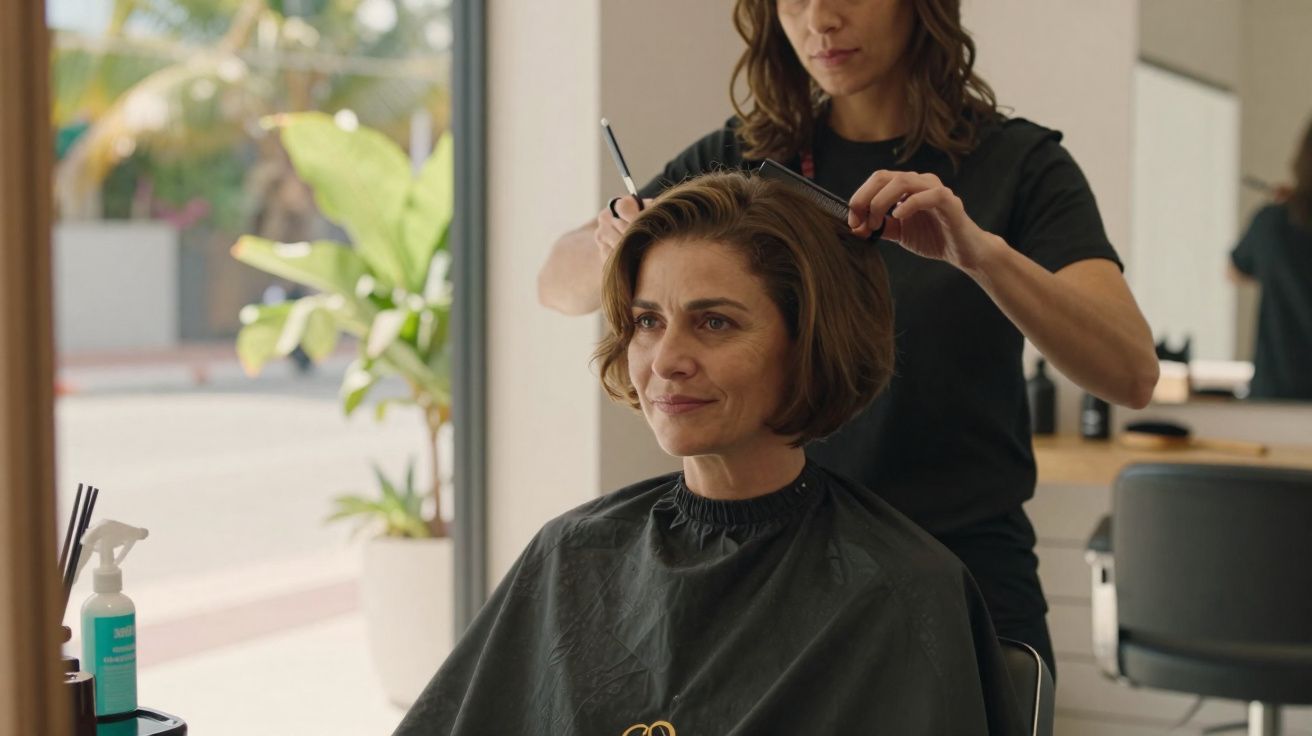 Mulher sorrindo enquanto cabeleireira corta seu cabelo em salão iluminado e com plantas ao fundo.