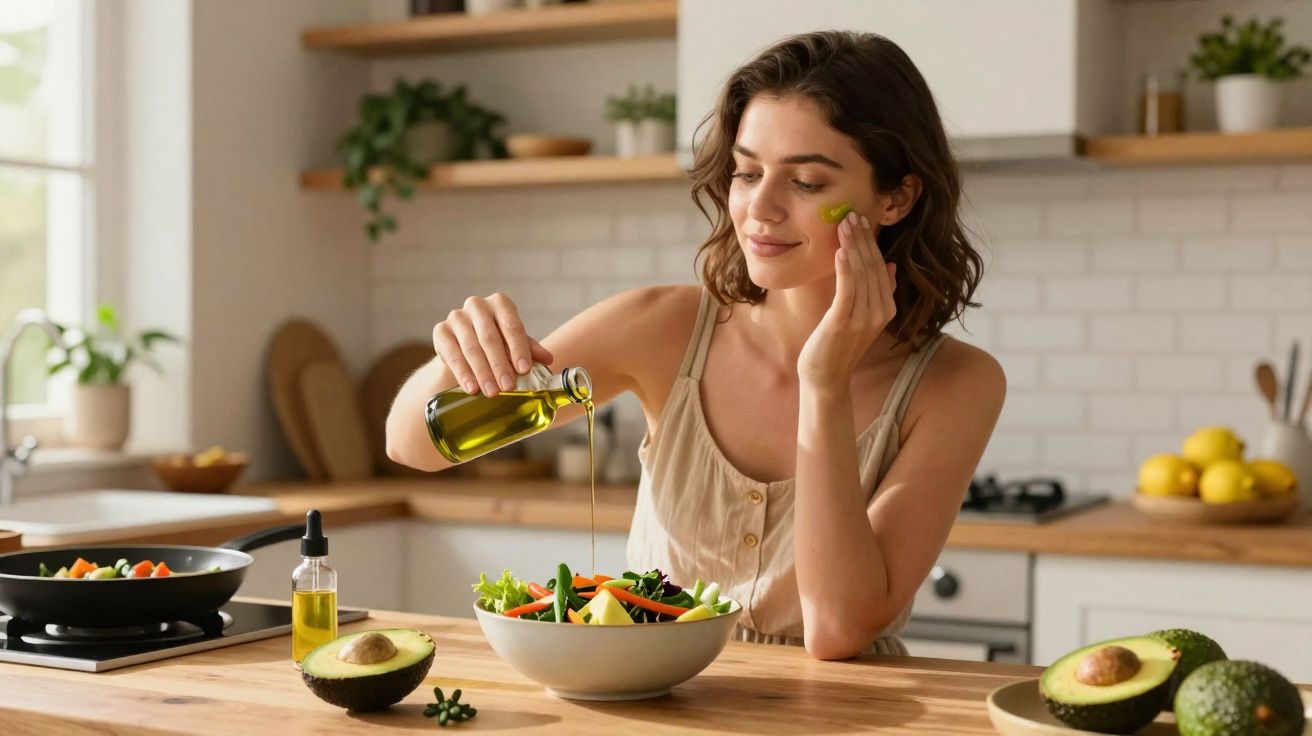 Mulher sorridente aplicando azeite no rosto enquanto cozinha salada com abacate na cozinha.