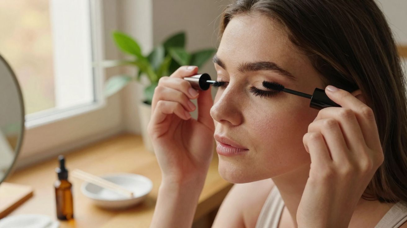 Mulher aplicando rímel nos cílios em ambiente iluminado por luz natural próxima a uma janela.