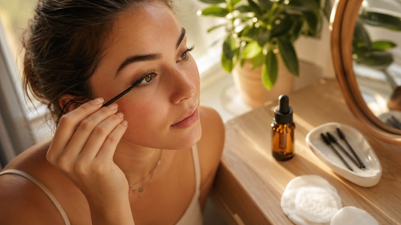 Mulher aplicando rímel no olho em frente a uma mesa com produtos de beleza e espelho.