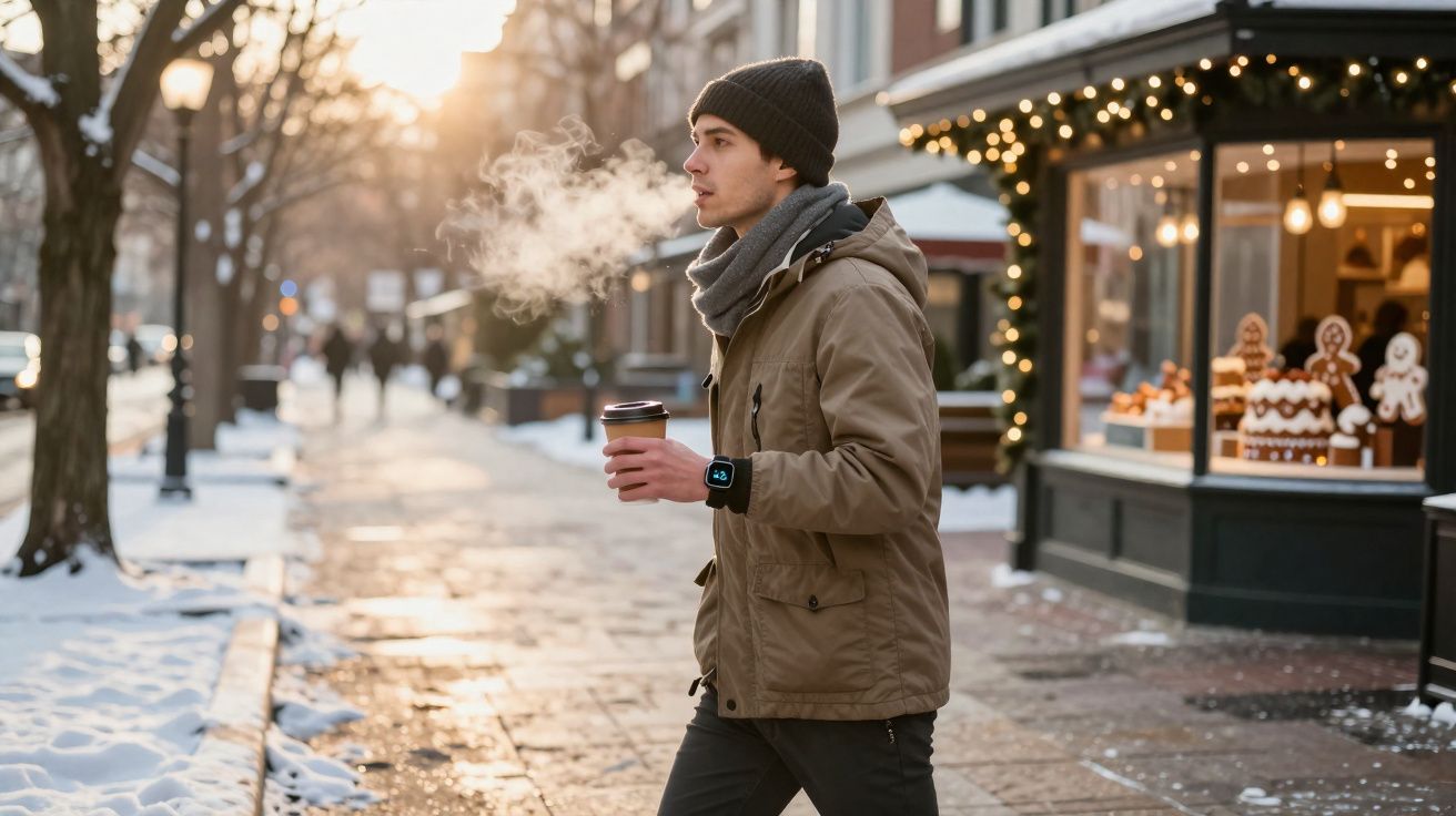 Homem com roupa de inverno segurando café em copo descartável em rua com neve ao entardecer.