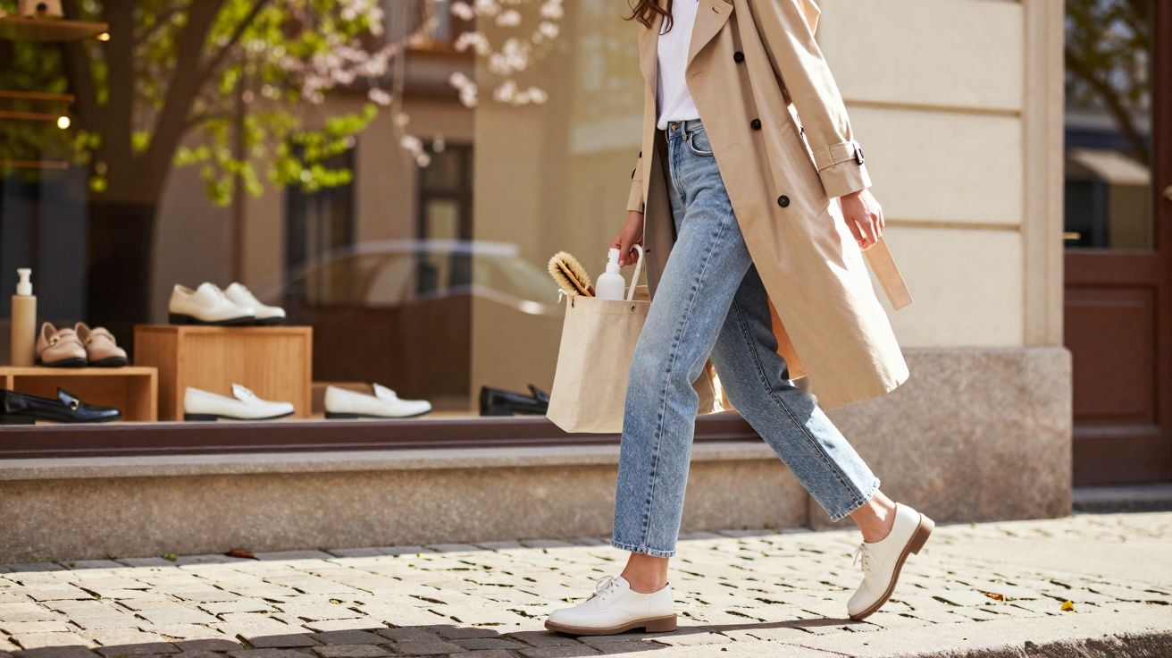 Mulher caminhando na calçada com casaco bege, jeans e sapatos brancos em frente a vitrine de sapatos.