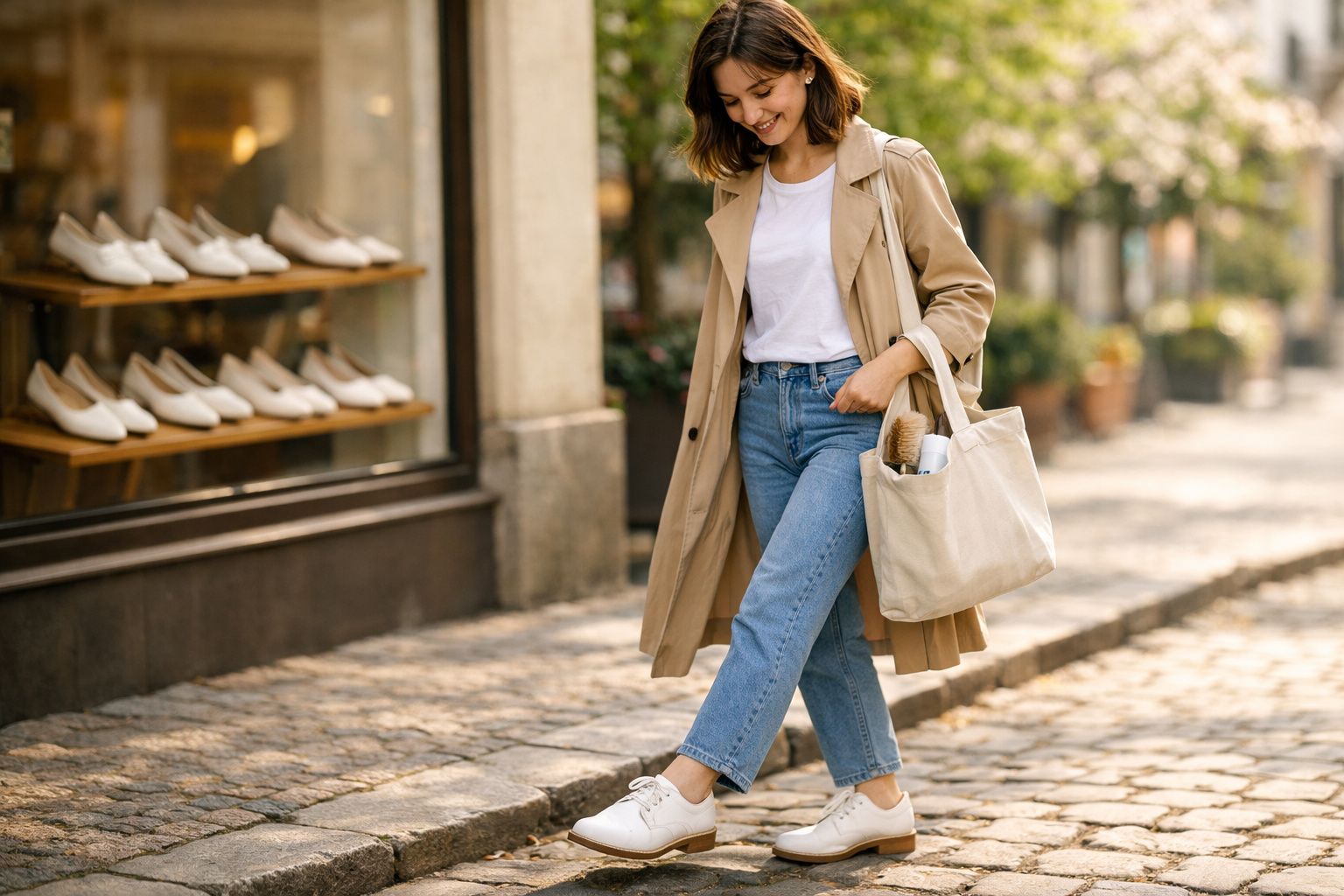 Mulher sorridente experimenta tênis branco em calçada de rua com vitrine de sapatos ao fundo.