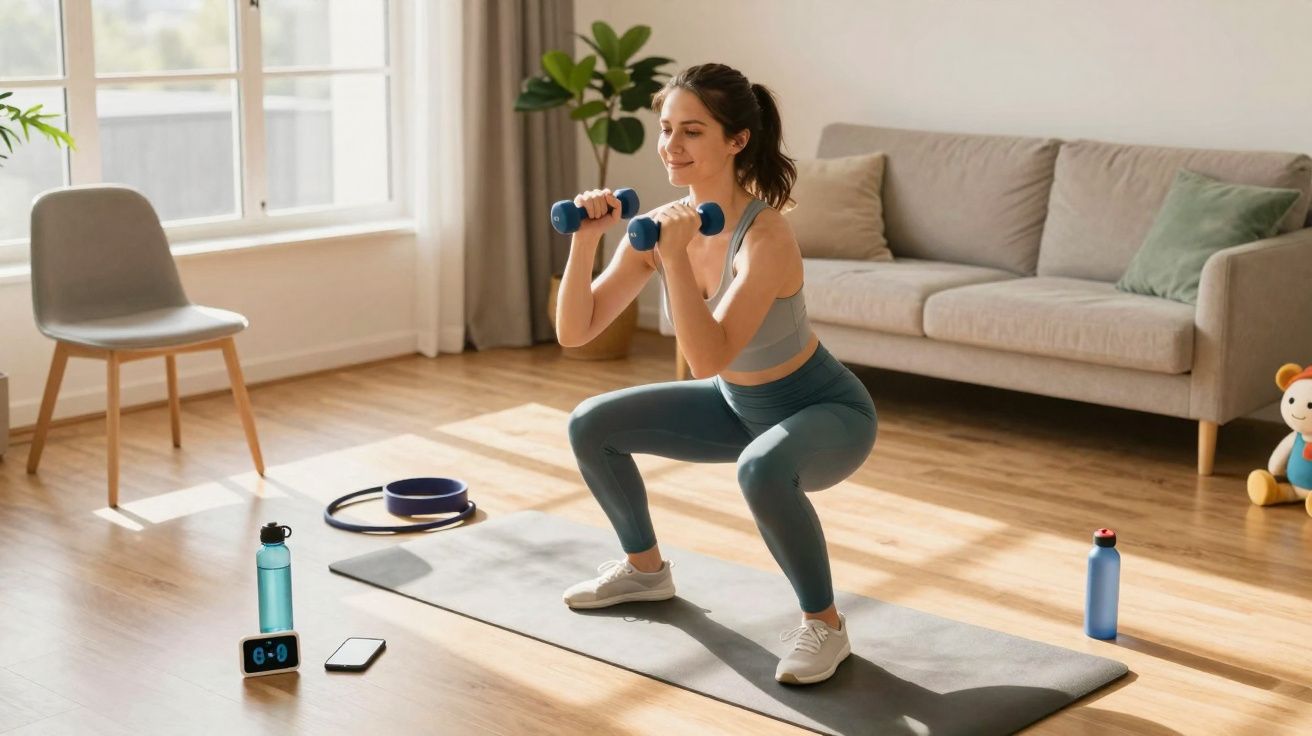 Mulher fazendo agachamento com halteres em tapete de exercícios na sala iluminada.