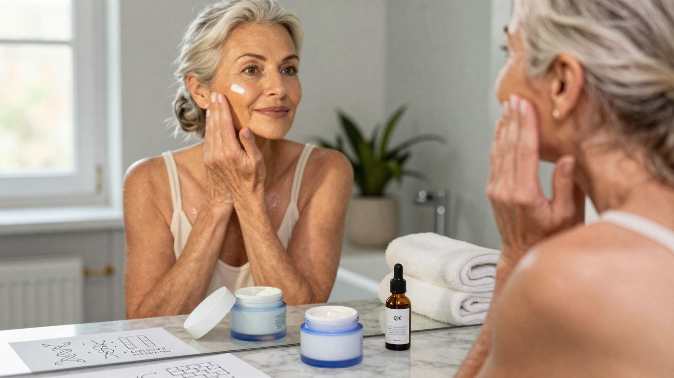 Mulher madura aplicando creme facial em frente ao espelho no banheiro com produtos de skincare sobre a pia.