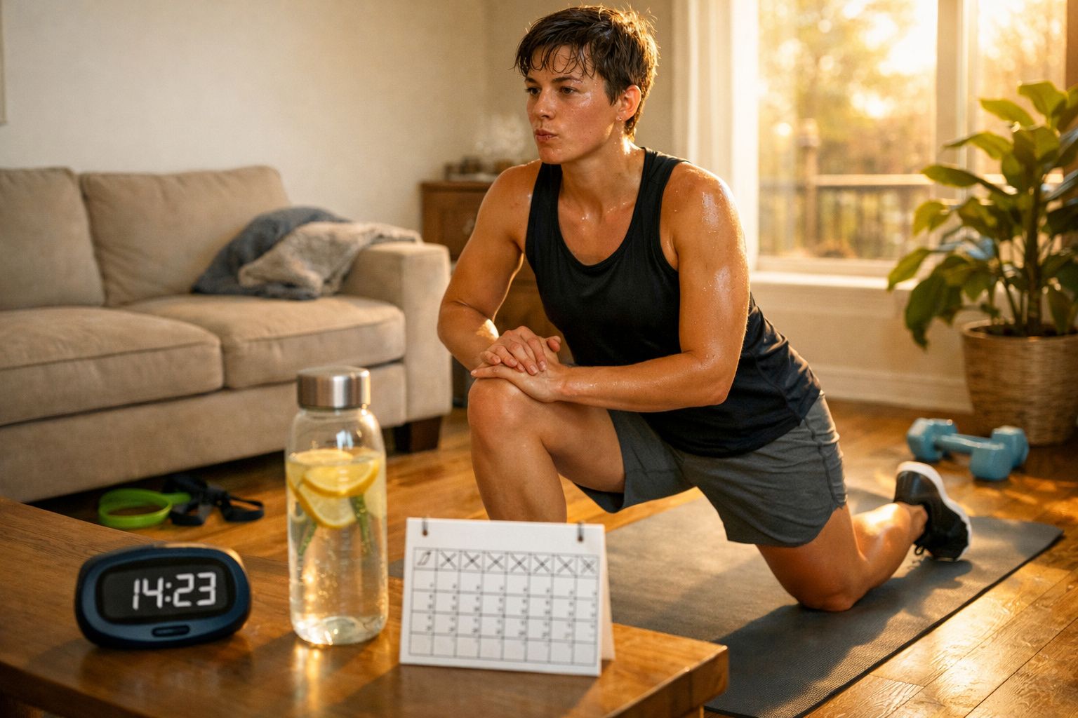 Pessoa fazendo alongamento em casa, ao lado de garrafa de água, relógio e calendário de treino.