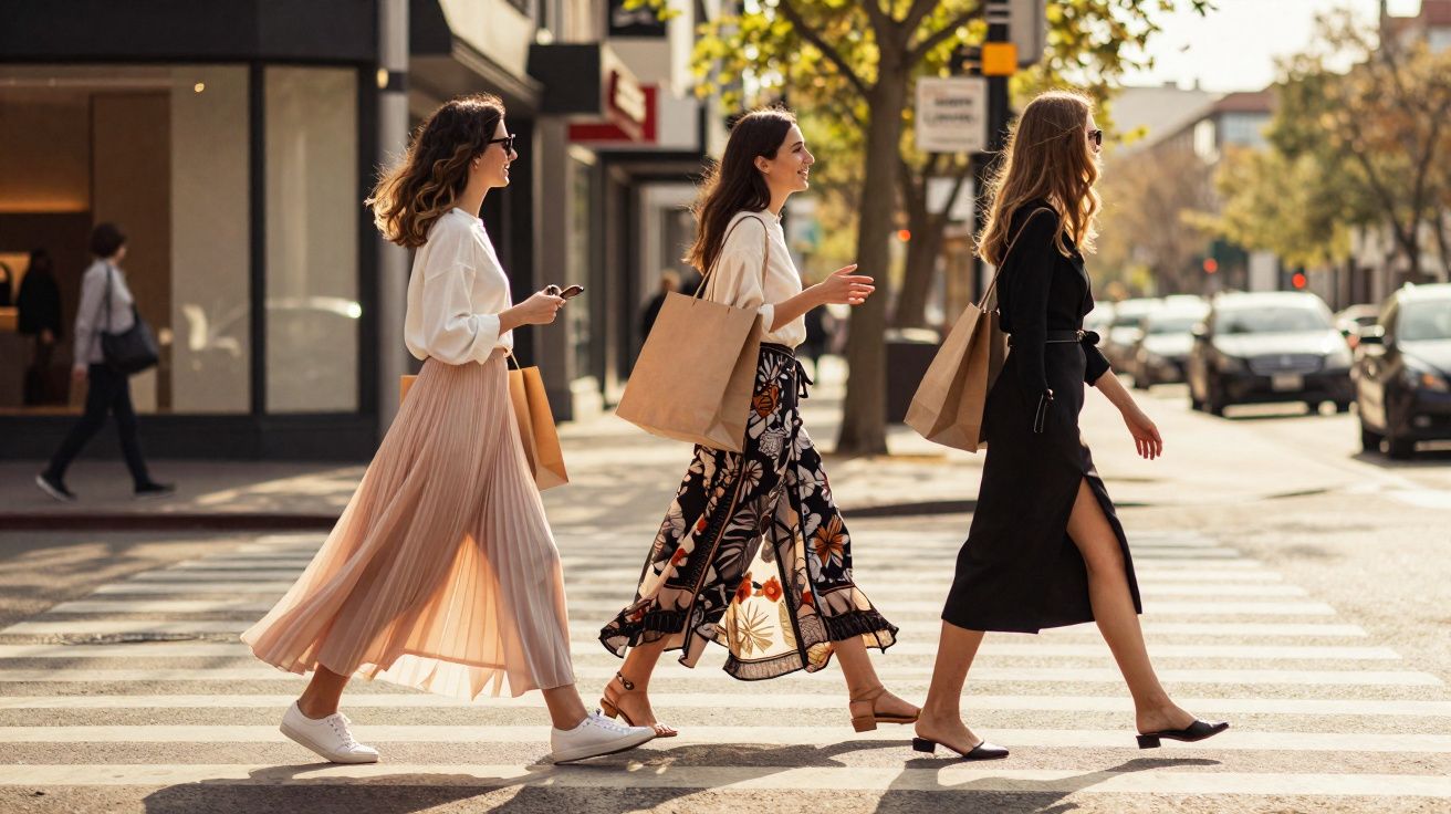 Três mulheres caminhando pelo faixa de pedestres em dia ensolarado, carregando sacolas de compras.