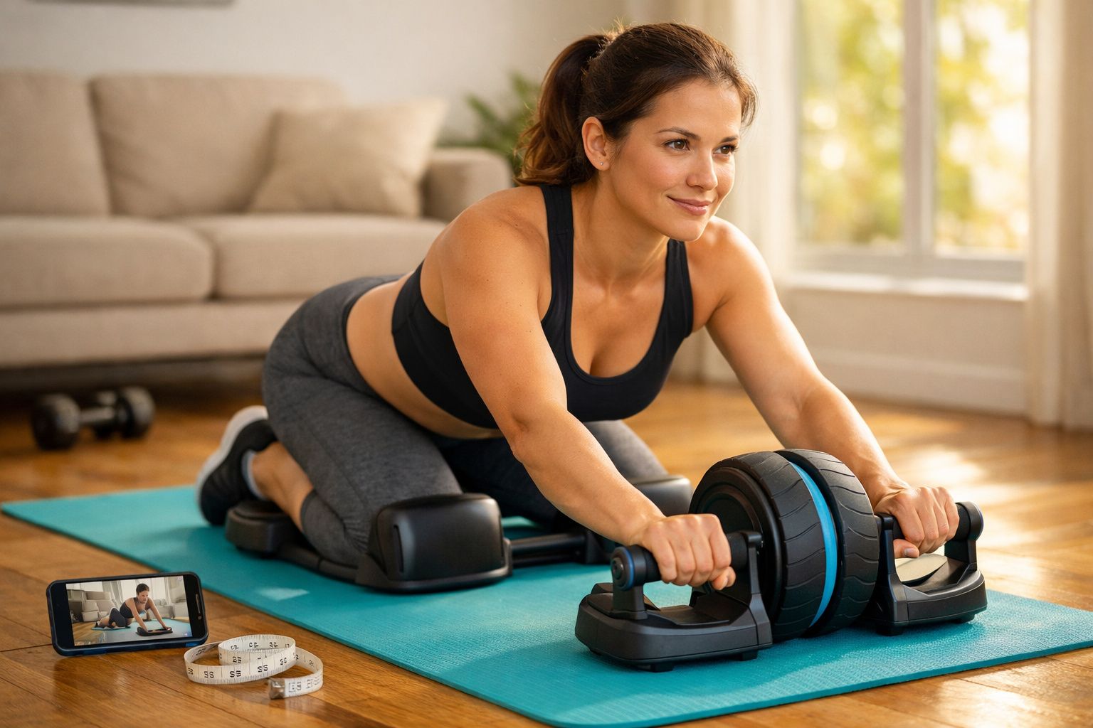 Mulher treinando em casa com equipamento de roda de exercício e tutorial em vídeo no celular.