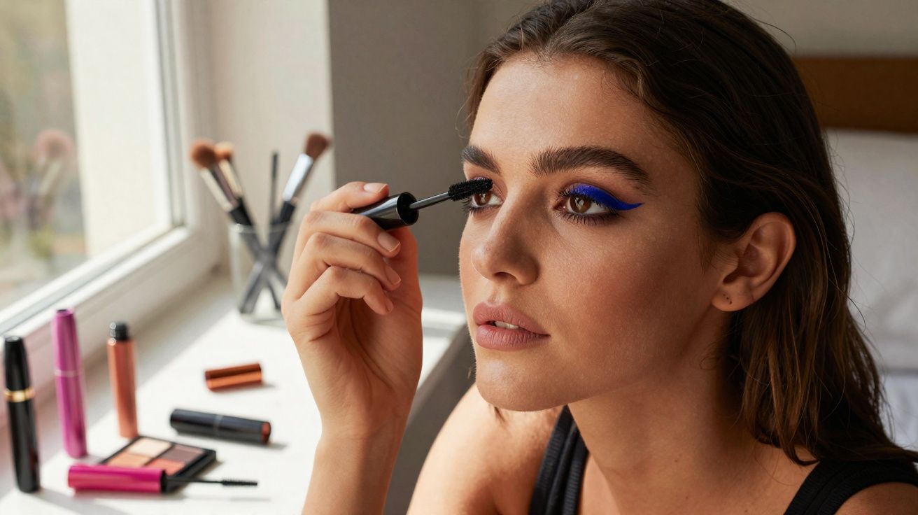 Mulher aplicando rímel nos cílios com delineador azul vibrante próxima a janela e produtos de maquiagem.
