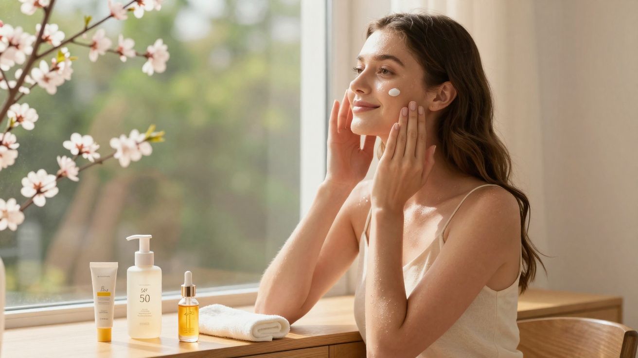 Mulher aplicando creme no rosto junto a produtos de skincare em apoio próximo a janela iluminada.
