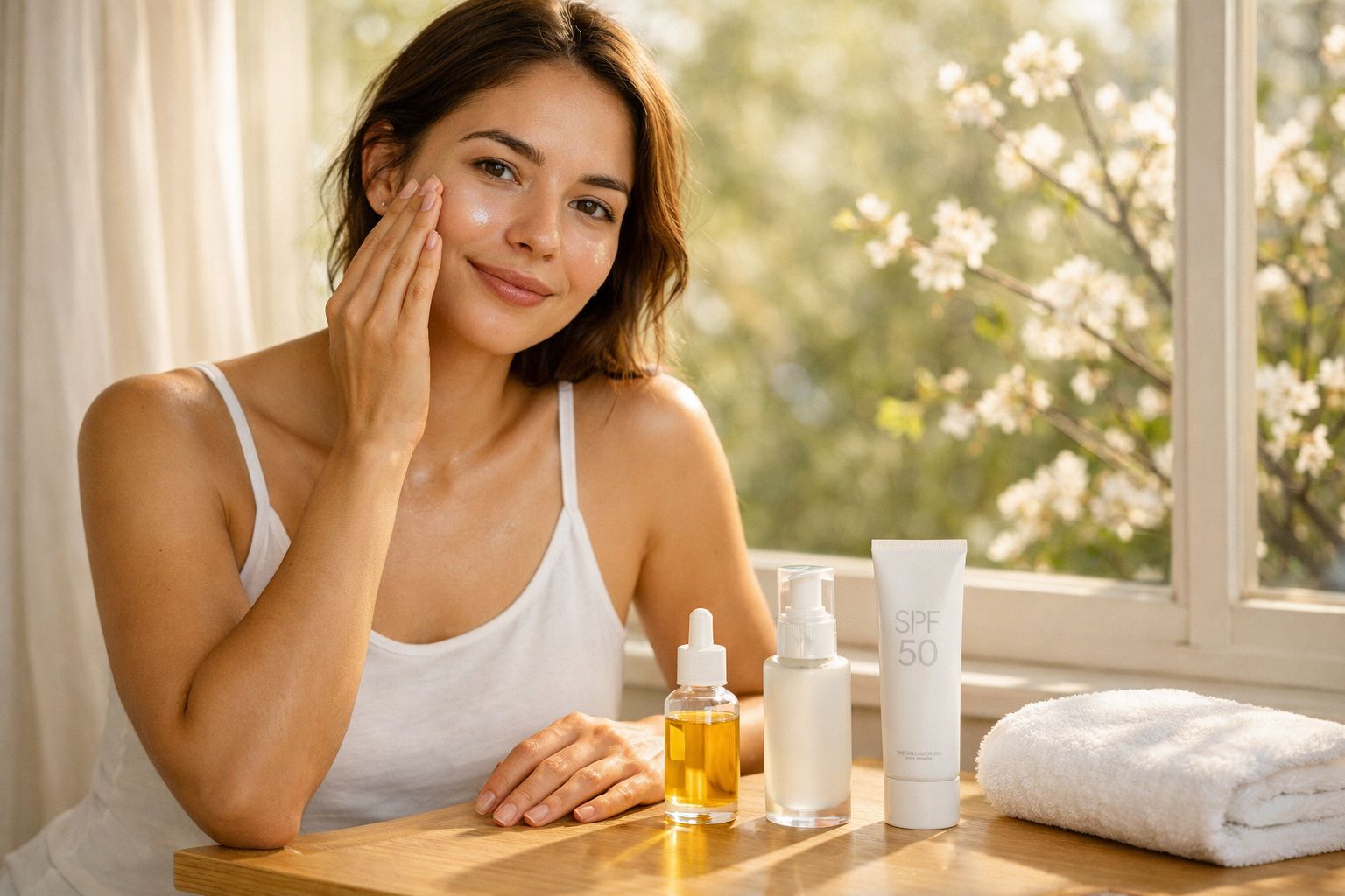 Mulher aplicando creme facial perto de janela com produtos de cuidados com a pele e toalha branca.
