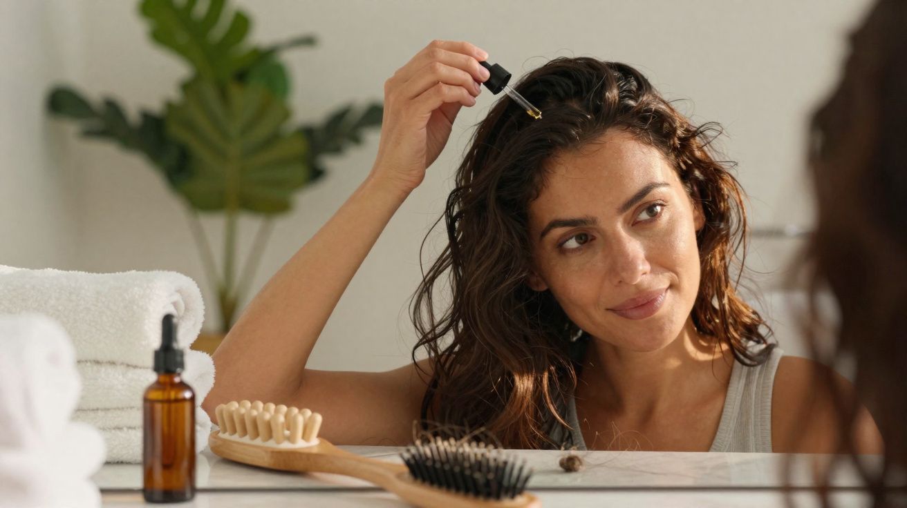 Mulher aplicando óleo capilar na raiz do cabelo em frente ao espelho, com escovas e toalhas ao lado.