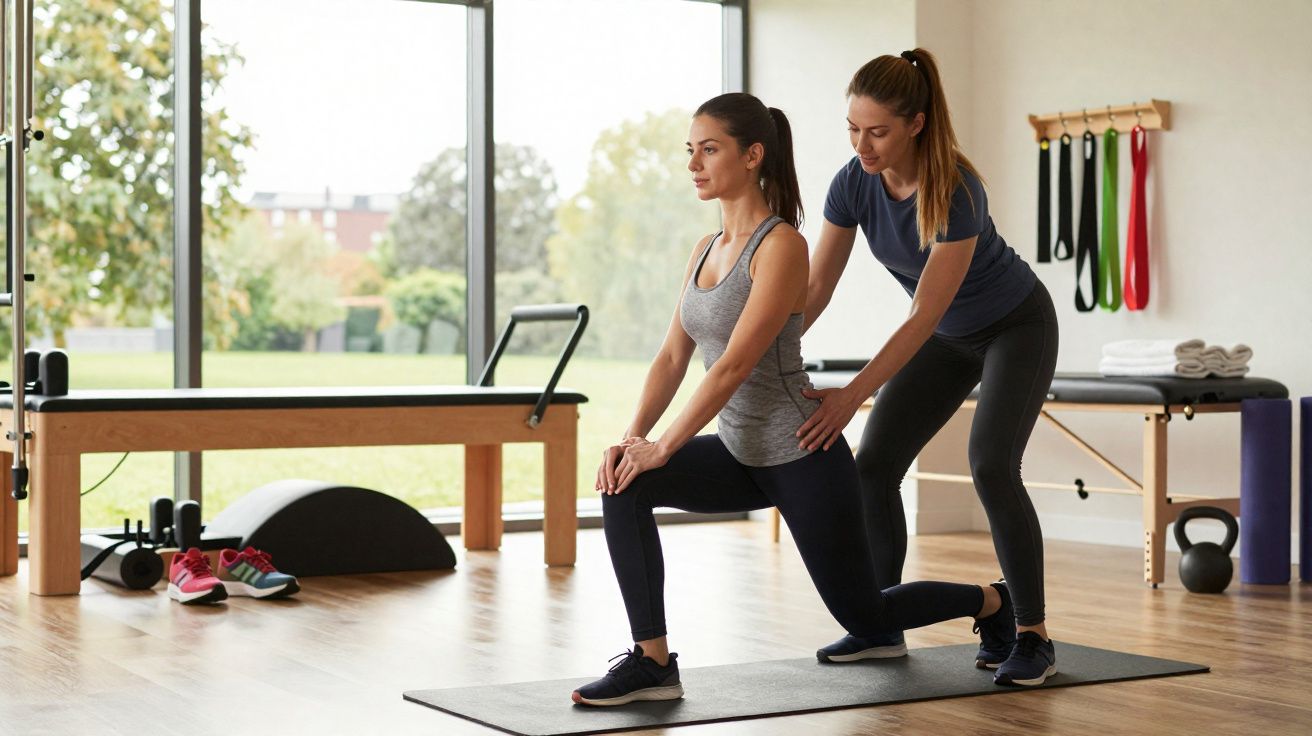 Mulher treinadora ajusta posição de aluna que faz alongamento de pernas em estúdio de Pilates.