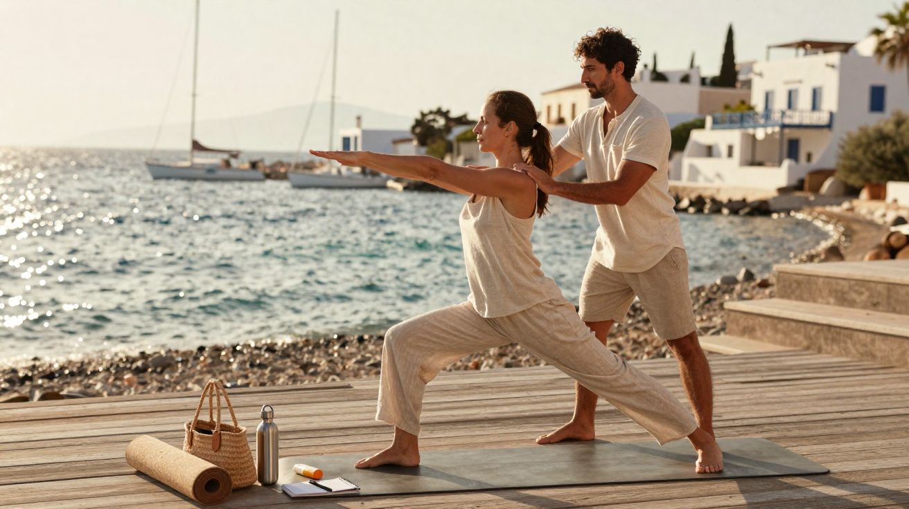 Mulher faz postura de yoga com ajuda de instrutor em deck perto do mar em dia ensolarado.