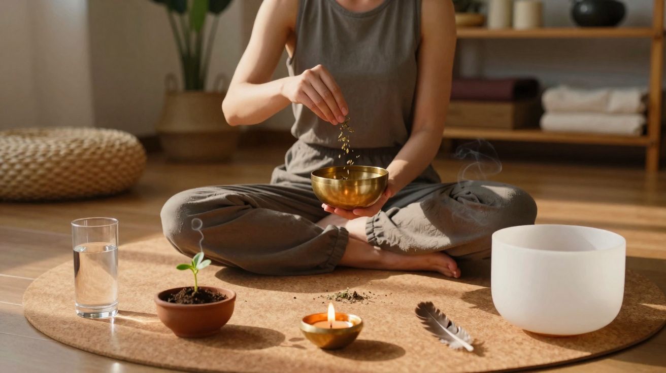 Pessoa sentada no chão fazendo ritual com tigela, vela acesa, planta, copo d'água e pena sobre tapete redondo.