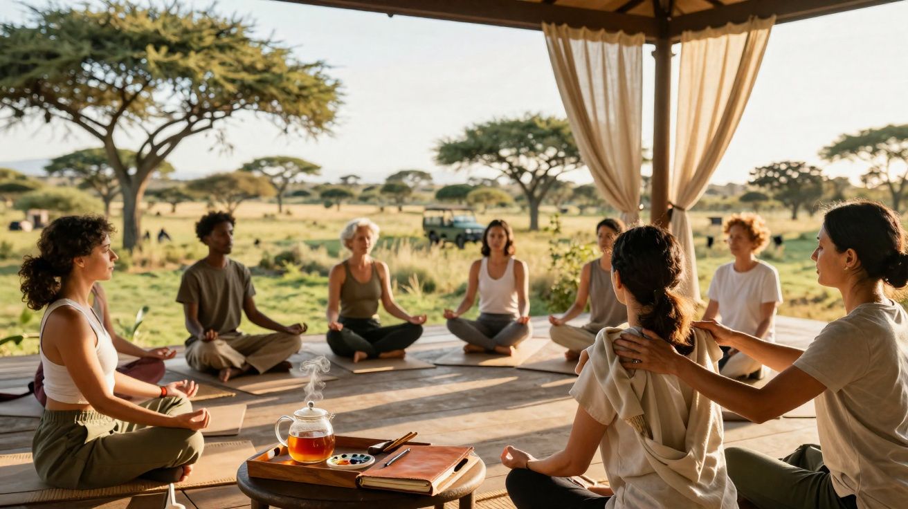 Grupo diverso praticando meditação ao ar livre em ambiente natural com árvores e savana ao fundo.