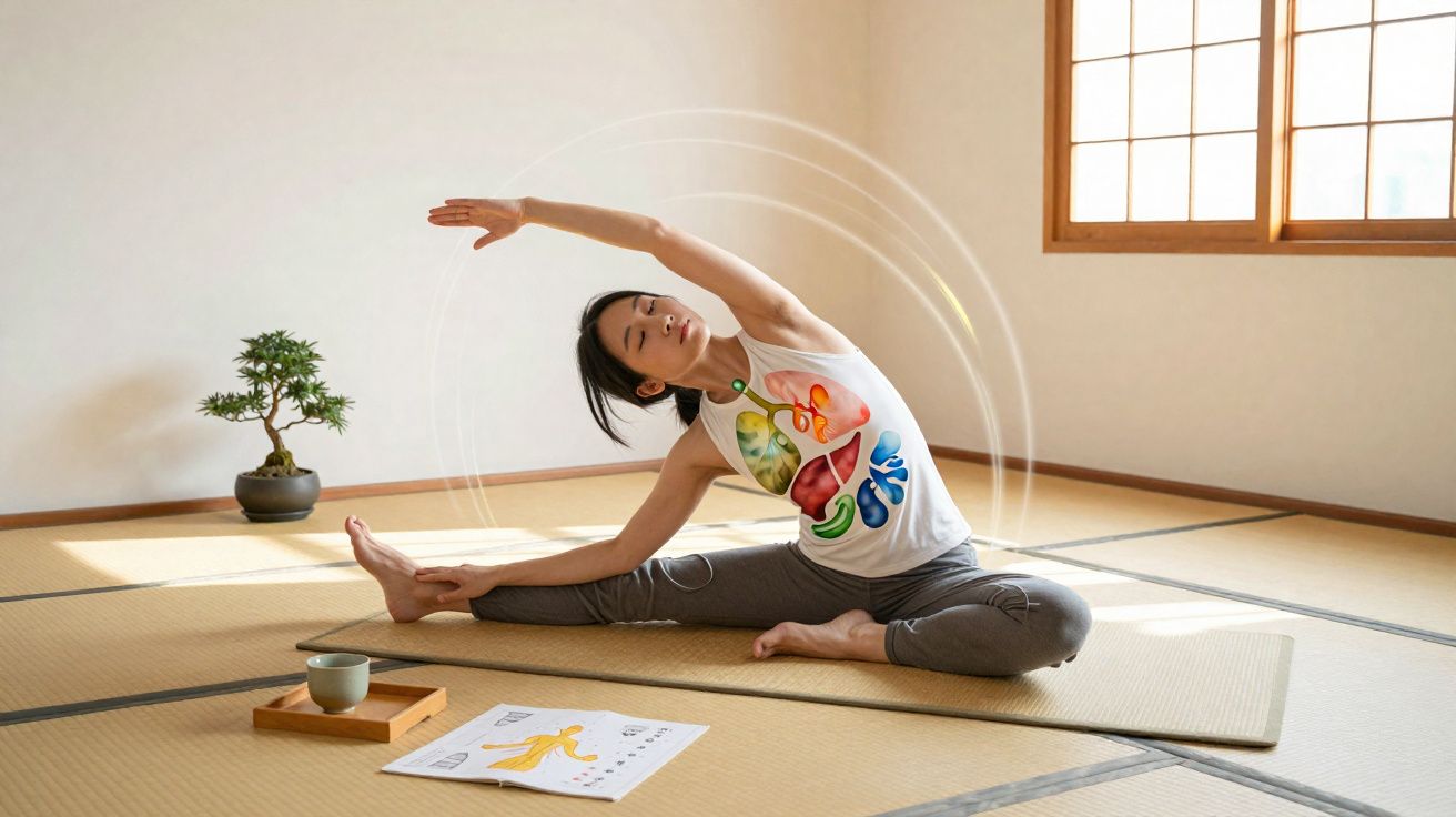 Mulher fazendo alongamento sentada em tapete, com ilustrações de órgãos internos no corpo.