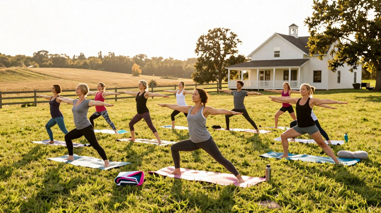Grupo de pessoas praticando yoga ao ar livre em campo gramado, com casa branca ao fundo.