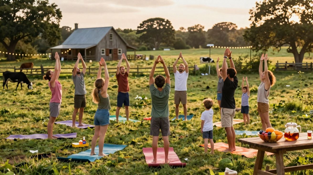 Grupo de pessoas praticando ioga ao ar livre em uma fazenda ao entardecer.
