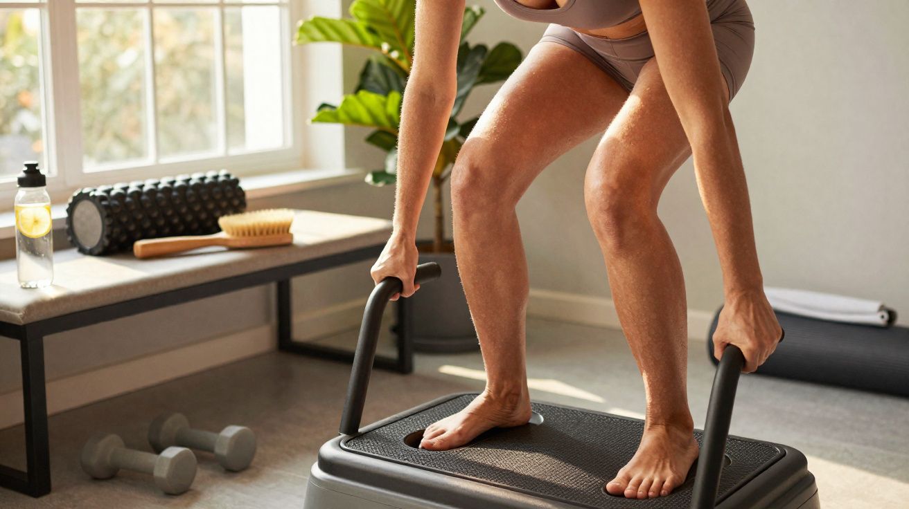 Pessoa em roupa esportiva usando aparelho de exercícios em ambiente interno iluminado por janela.