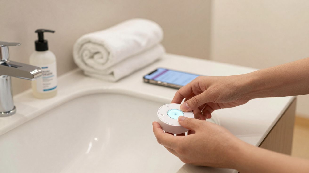 Mãos segurando controle remoto branco ao lado de pia com toalha, sabonete líquido e celular.