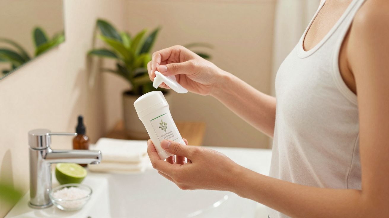 Pessoa abrindo desodorante natural em ambiente de banheiro claro com plantas ao fundo.
