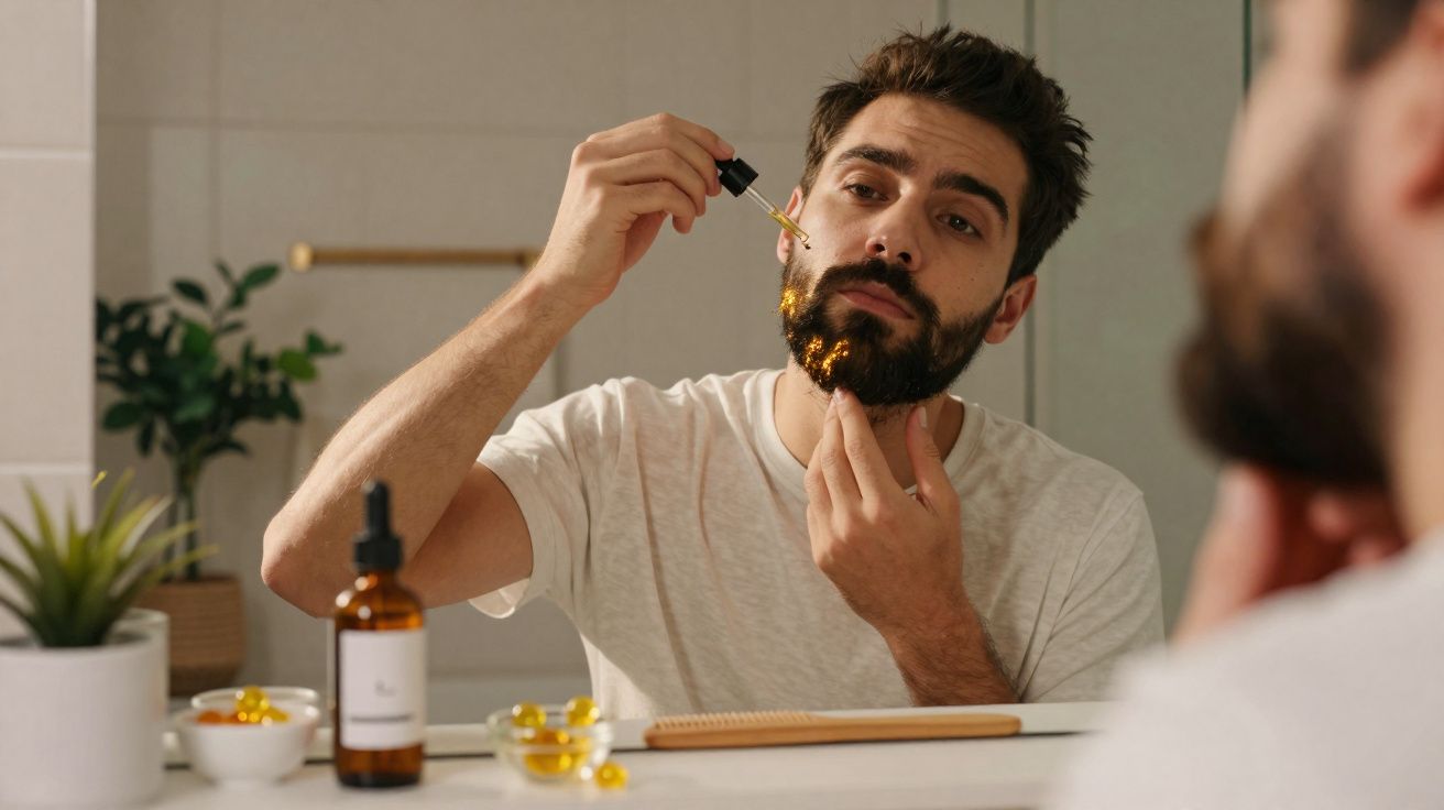 Homem aplicando óleo na barba em frente ao espelho no banheiro com frasco e planta ao lado.