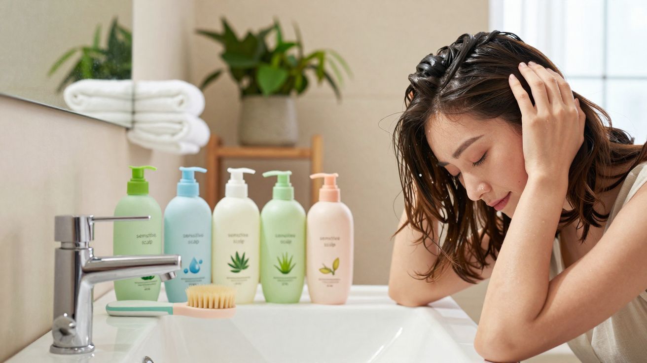 Mulher com cabelos molhados na pia do banheiro com diversos produtos de cuidados capilares à frente.