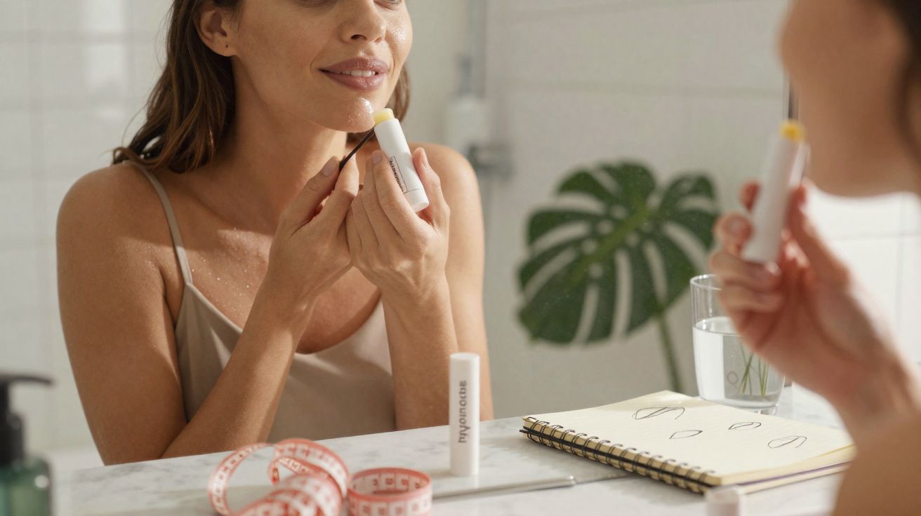 Mulher aplicando protetor labial em frente ao espelho, com régua e desenho de lábios na mesa.