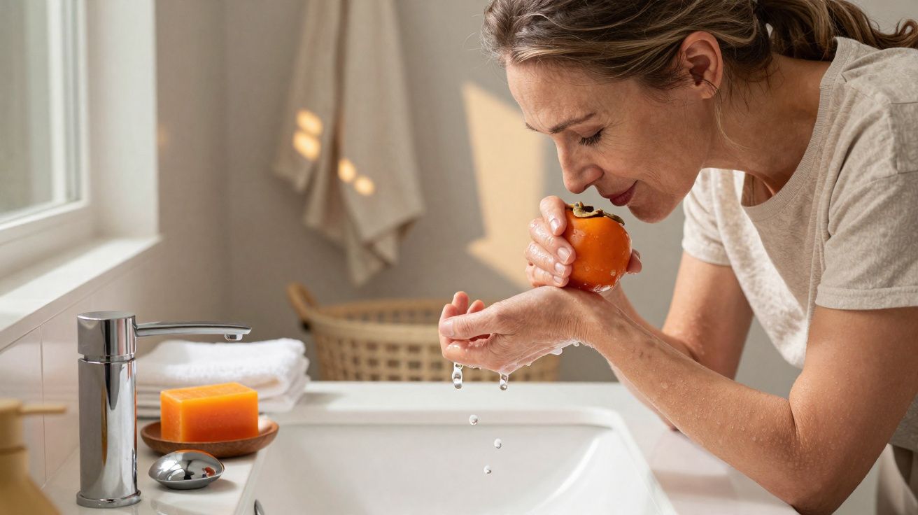 Mulher lavando uma fruta laranja sobre pia branca em banheiro iluminado.