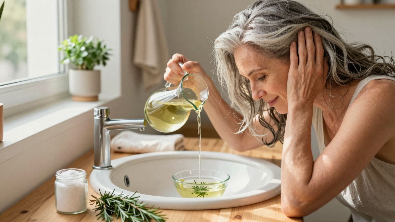 Mulher derramando óleo essencial em água em uma tigela sobre pia, ambiente iluminado e natural.