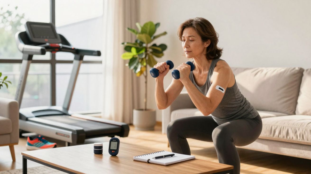 Mulher fazendo agachamento com halteres em sala com esteira, plantas e sofá ao fundo.