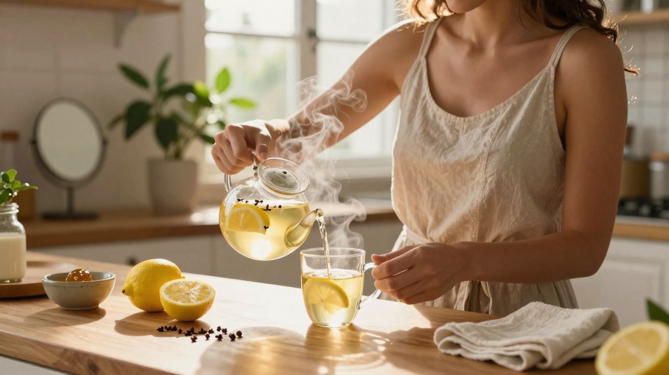 Mulher servindo chá quente com limão e cravo em jarra de vidro na cozinha iluminada.