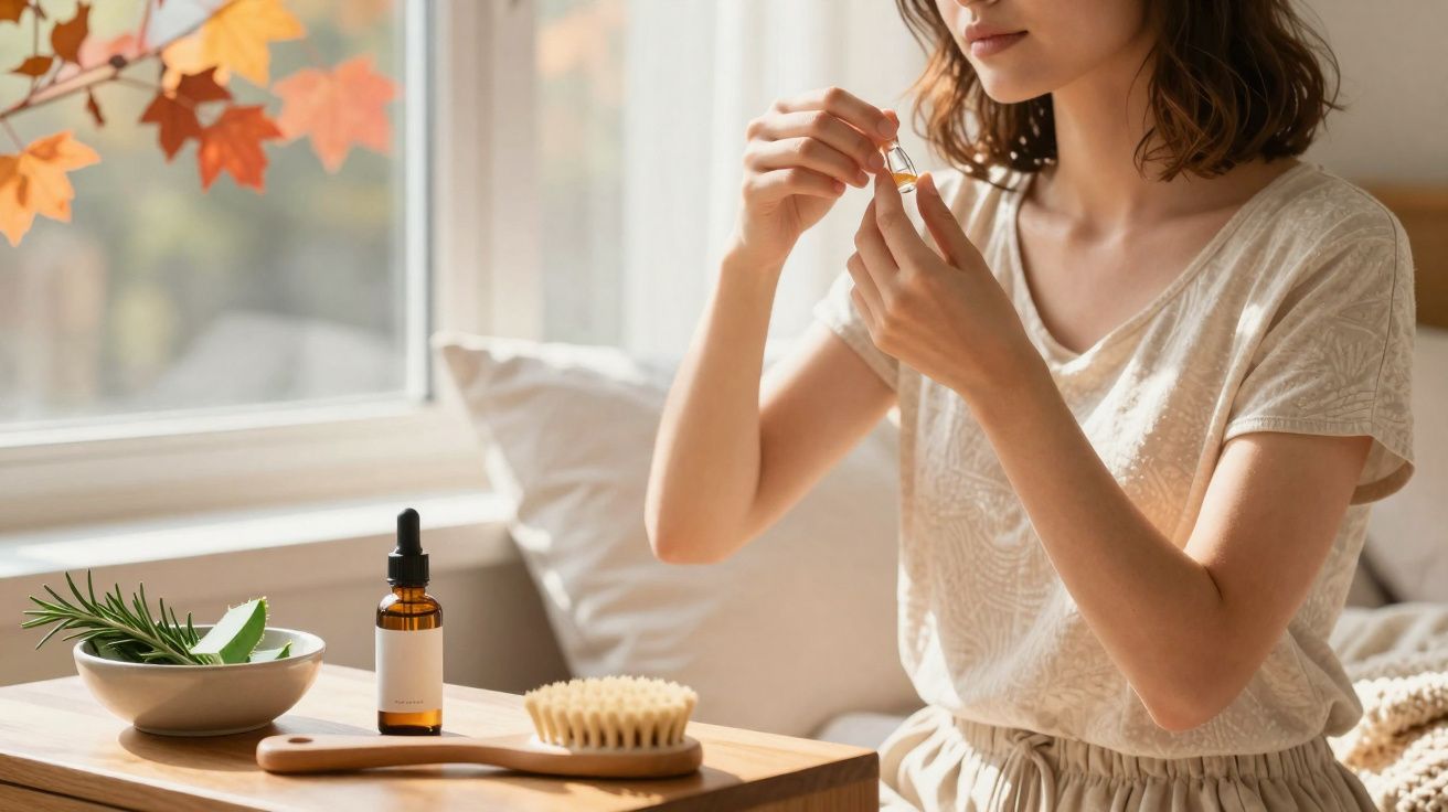 Mulher aplicando óleo facial ao lado de mesa com escova e plantas em ambiente iluminado pela manhã.