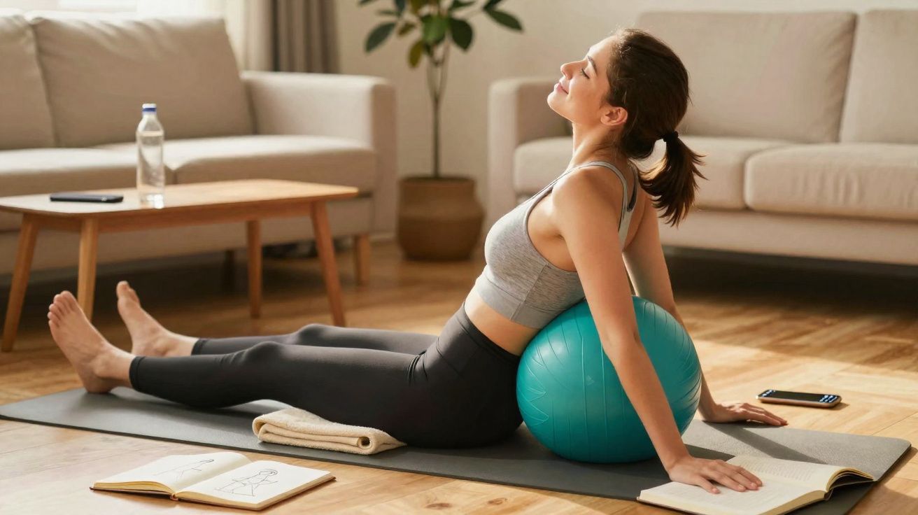 Mulher fazendo alongamento com bola de pilates em sala de estar, com livros e garrafa de água ao lado.