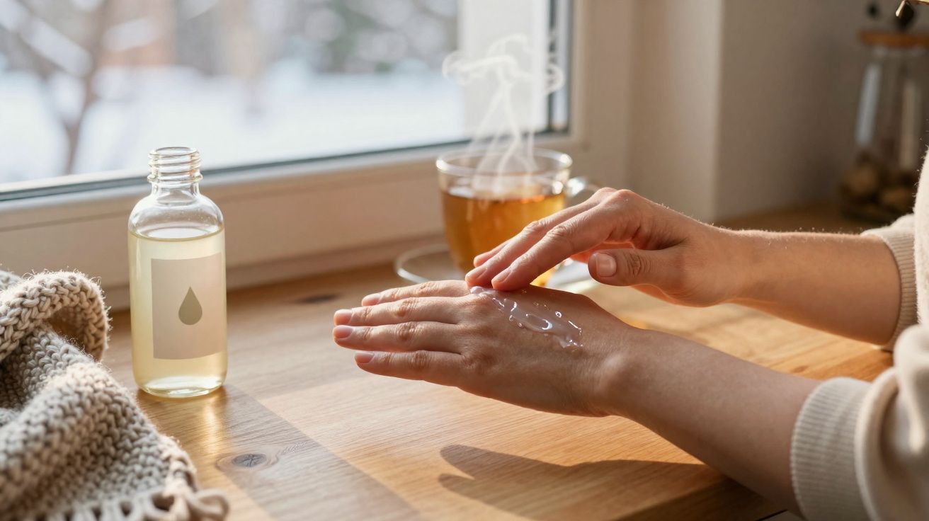 Pessoa aplicando hidratante nas mãos em ambiente aconchegante com xícara de chá e janela ao fundo.