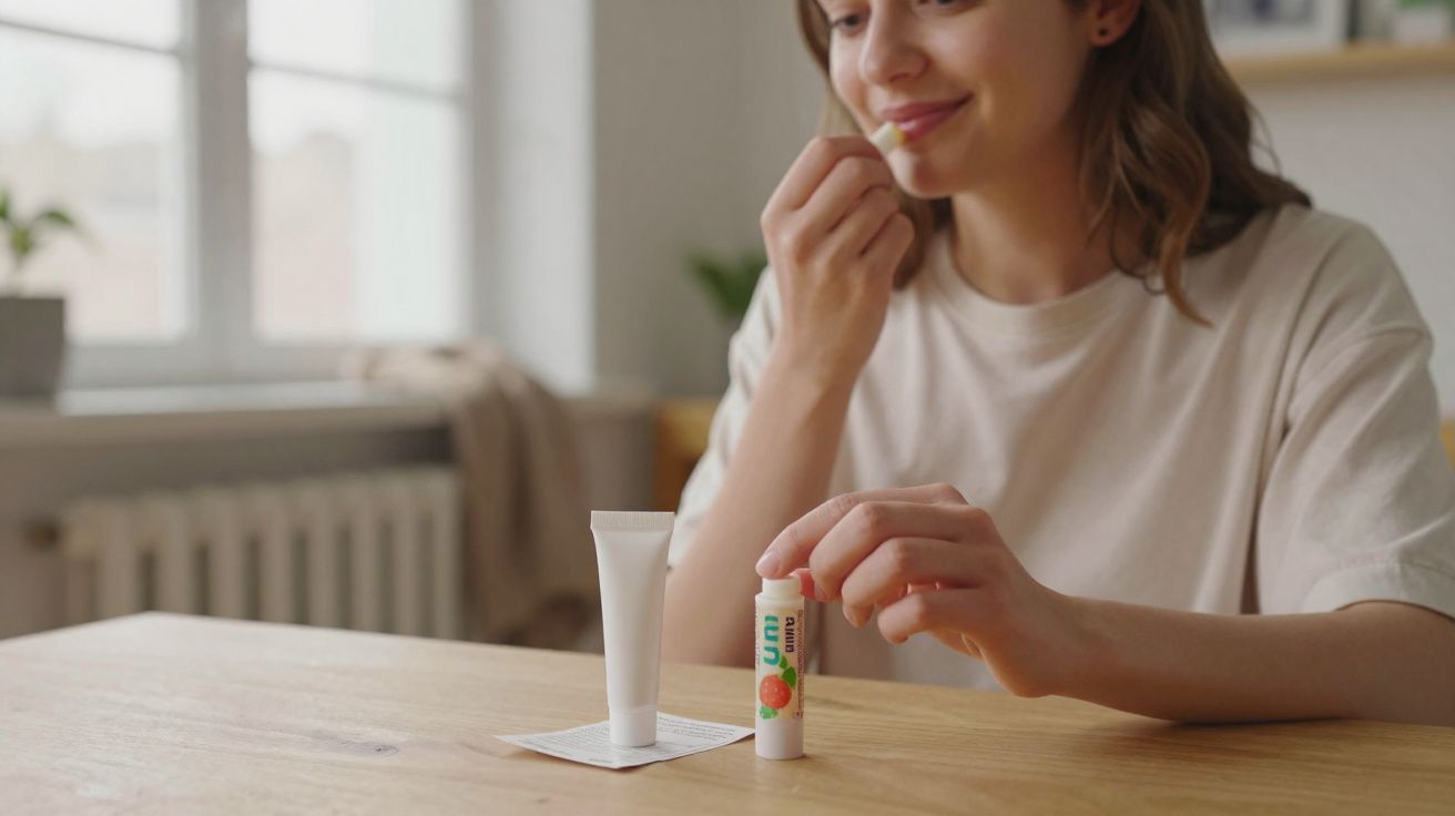 Mulher aplicando protetor labial em casa, com tubo de balm e creme sobre a mesa de madeira.