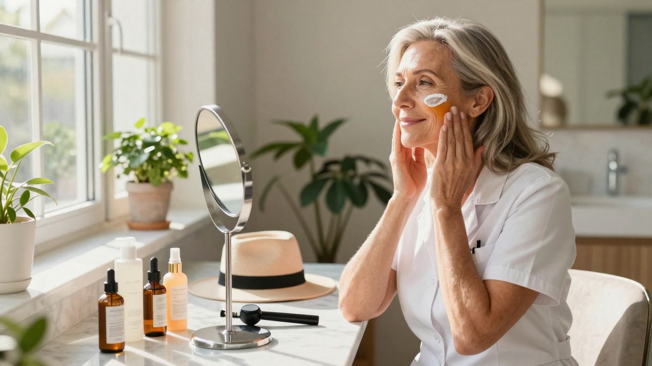 Mulher madura aplicando creme facial sentada à mesa com espelho e produtos de skincare próximo à janela.