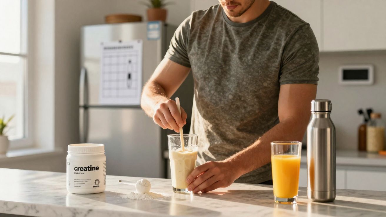 Homem mexendo suplemento de creatina em copo na cozinha com suco de laranja e garrafa térmica na bancada.