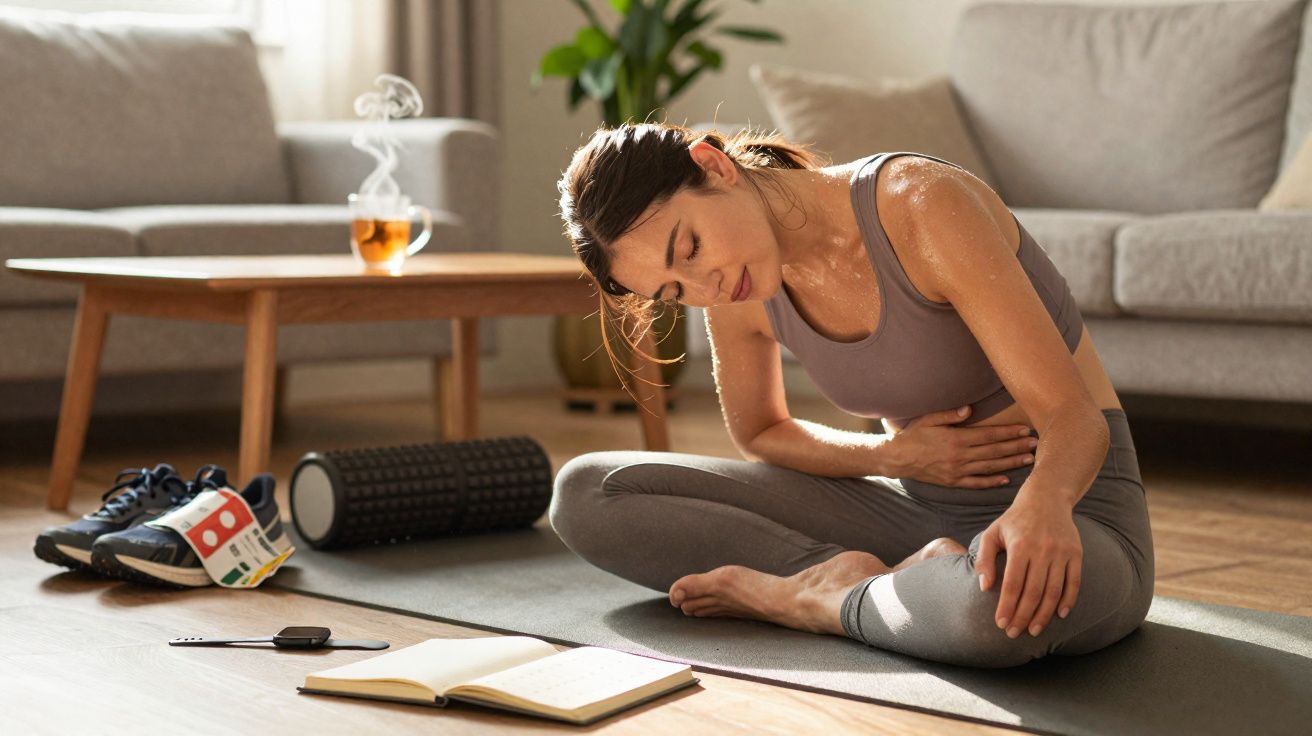 Mulher sentada no tapete de yoga com expressão de dor abdominal, ao lado de tênis, rolo de espuma e livro aberto.