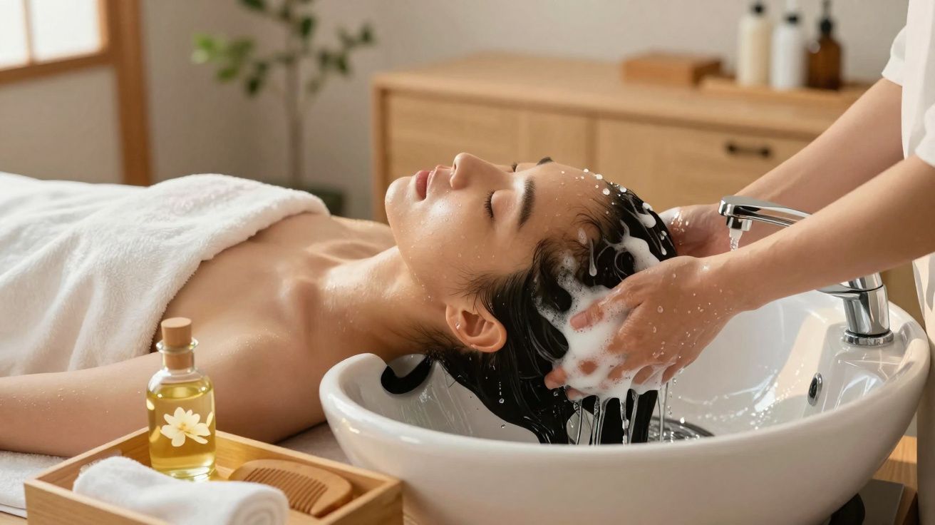 Mulher relaxando enquanto recebe lavagem de cabelo em salão de beleza com toalha branca e óleo aromático ao lado.