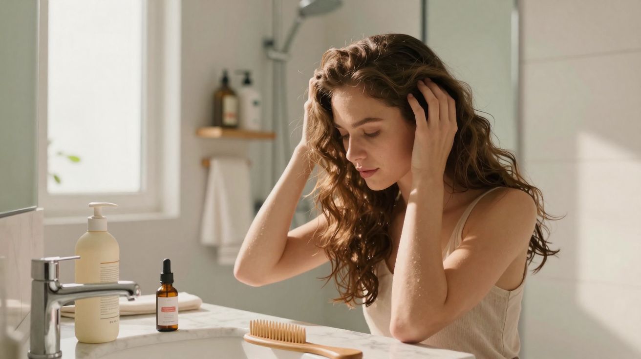 Mulher com cabelo cacheado sentada em banheiro, cuidando dos cabelos ao lado da pia com produtos.