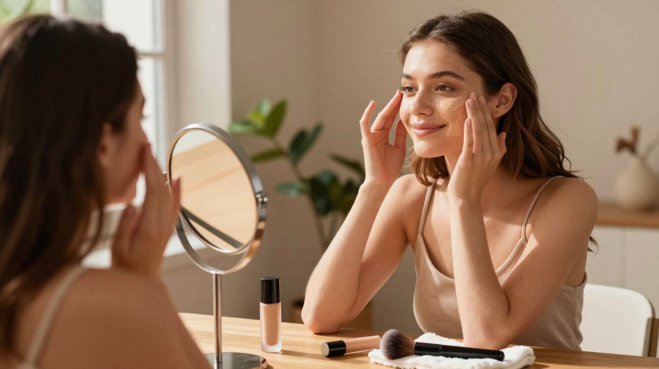 Mulher aplicando base no rosto em frente ao espelho em ambiente interno iluminado.