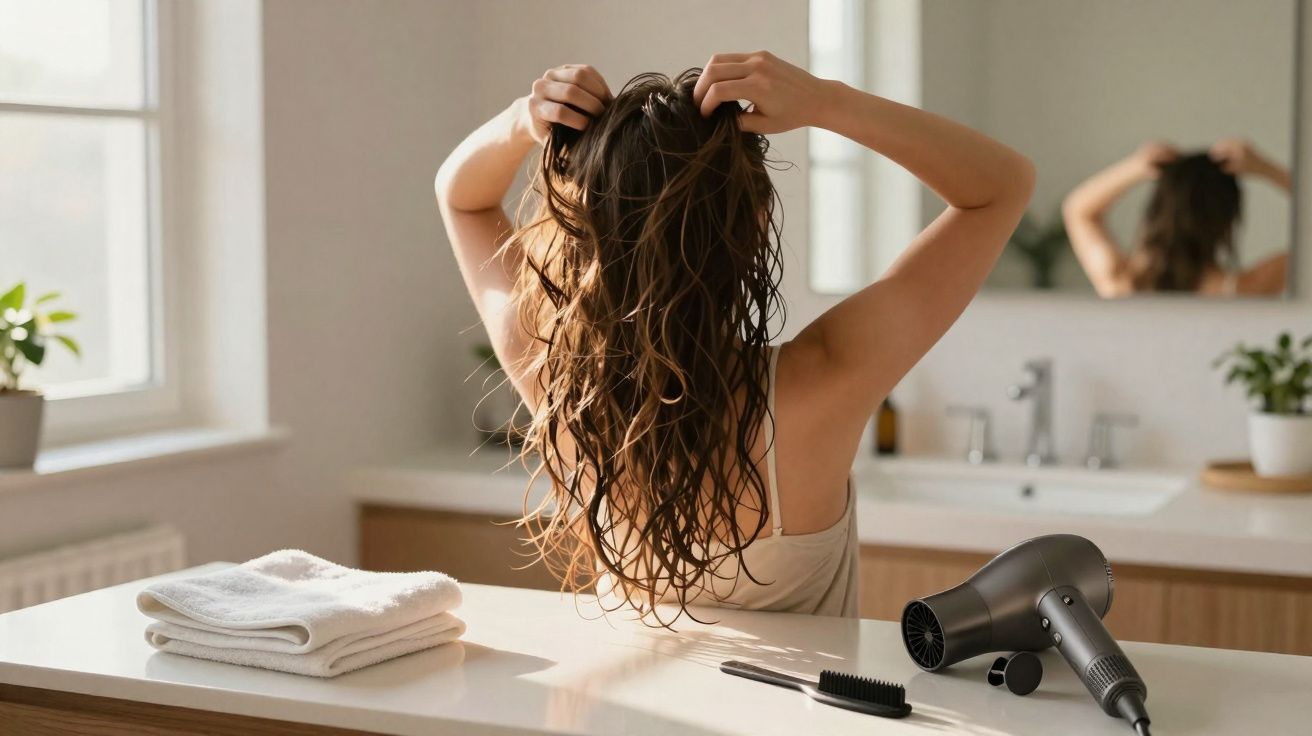 Mulher com cabelo molhado levantando os fios, em banheiro com secador, pente e toalhas brancas na bancada.