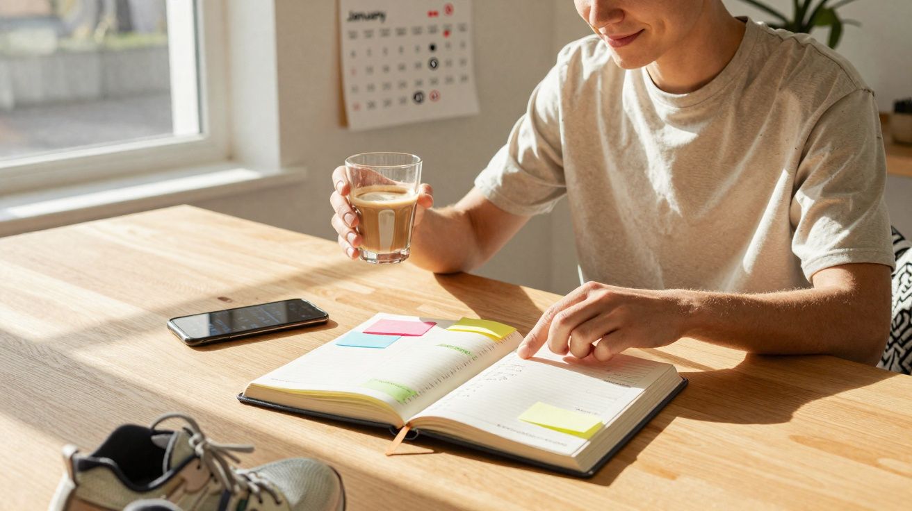 Pessoa lendo agenda com marcações coloridas, segurando copo de bebida, com tênis e celular sobre mesa de madeira.