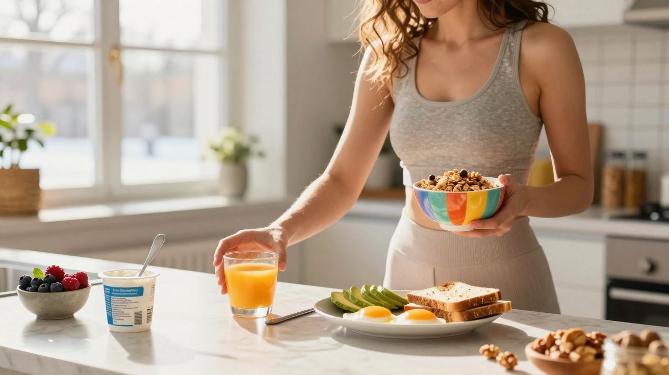 Mulher preparando café da manhã saudável com ovos, abacate, pão, granola, frutas e suco de laranja na cozinha.