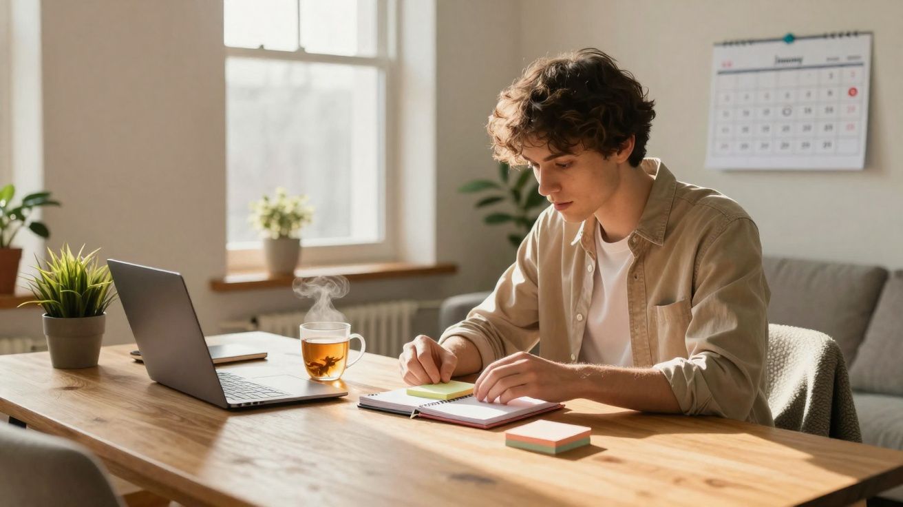 Jovem sentado à mesa escrevendo em bloco de notas com laptop e chá quente ao lado, em ambiente iluminado.