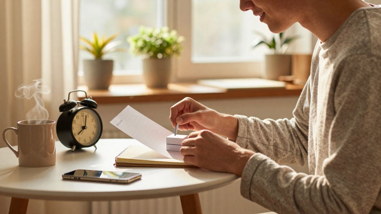 Pessoa escrevendo numa mesa redonda com relógio, celular, xícara de café e planta ao fundo.
